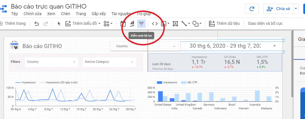 Bật bộ lọc trong google data studio